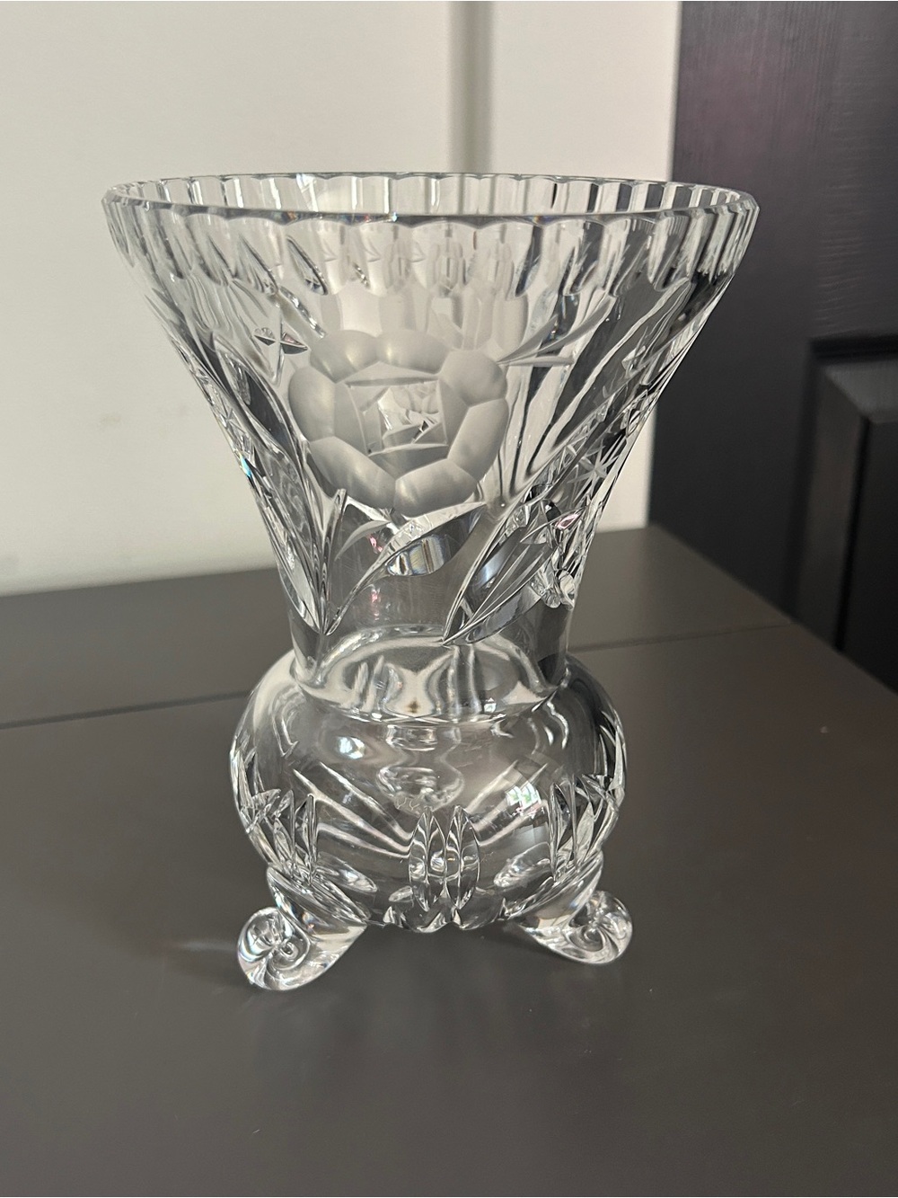 Vintage Cut Crystal Footed Vase with Frosted Rose Design
